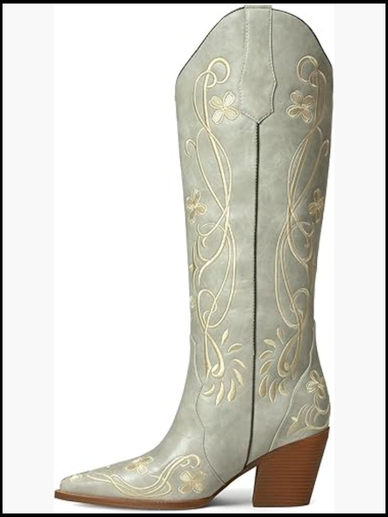 Cowgirl Boots Knee High Vintage Floral Embroidered Pull On Western Footwear